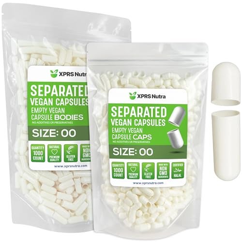 XPRS Nutra Vegan Size 00 Separated Capsules 1000 Count Premium Empty Capsules Separated in Bags 00 Pills Empty for DIY Supplement Filling White